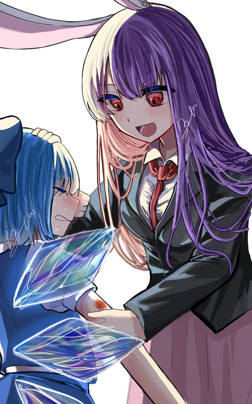 2girls :d animal_ears black_jacket blue_hair blue_vest blush breasts cirno collared_shirt comforting commentary cowboy_shot crying grimace hair_over_shoulder hand_on_another's_head headpat highres ice ice_wings injury izumi_no_yasushi_aya jacket long_hair long_sleeves looking_at_another lower_teeth_only medium_breasts multiple_girls necktie profile purple_hair rabbit_ears rabbit_girl red_eyes red_necktie reisen_udongein_inaba shirt short_hair sidelighting signature simple_background smile straight_hair teeth touhou very_long_hair vest white_background white_shirt wings