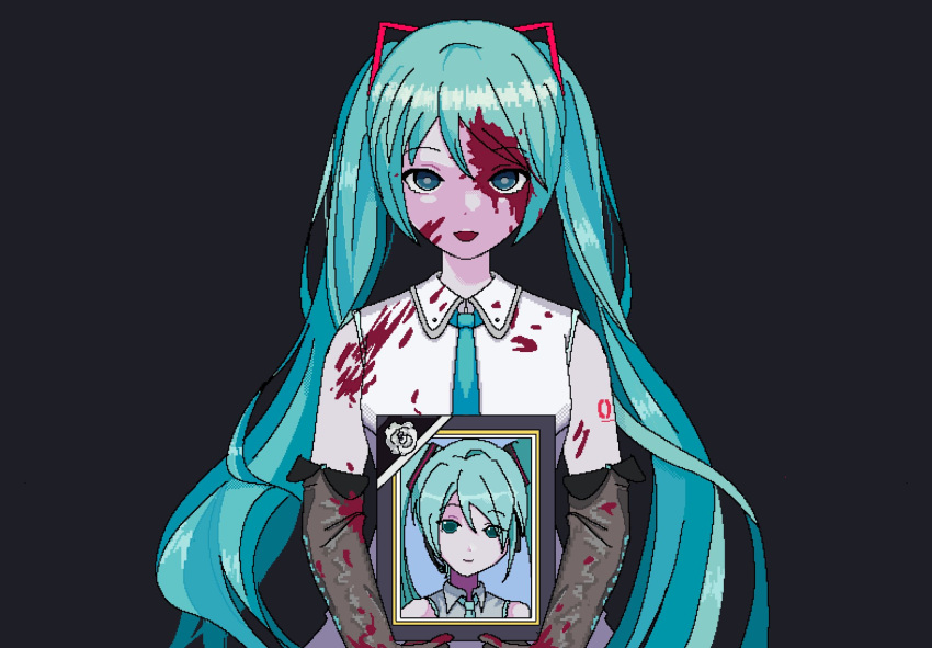 1girl black_background blood blood_on_clothes blood_on_face blood_splatter blue_eyes blue_hair blue_necktie commentary detached_sleeves english_commentary hatsune_miku highres holding holding_photo iei jio_(jiowerful) long_hair looking_at_viewer necktie needy_girl_overdose open_mouth parody photo_(object) picture_frame pixel_art portrait_(object) shirt simple_background smile solo style_parody twintails upper_body very_long_hair vocaloid white_shirt