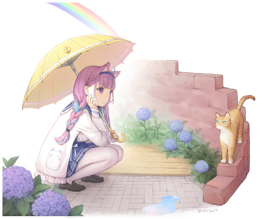 1girl ahoge anchor_print animal_ear_fluff animal_ears black_footwear blue_eyes blue_hair blue_hairband blue_skirt blunt_bangs braid cat cat_ears chinese_commentary closed_mouth flower full_body hairband hand_on_own_cheek hand_on_own_face highres holding holding_umbrella hololive hydrangea jacket loafers long_hair long_sleeves minato_aqua miya8111 multicolored_hair pantyhose pink_hair plant rainbow shoes side_braid simple_background skirt smile solo squatting stone_floor twin_braids twitter_username two-tone_hair umbrella violet_eyes virtual_youtuber white_background white_jacket white_pantyhose wooden_floor yellow_umbrella