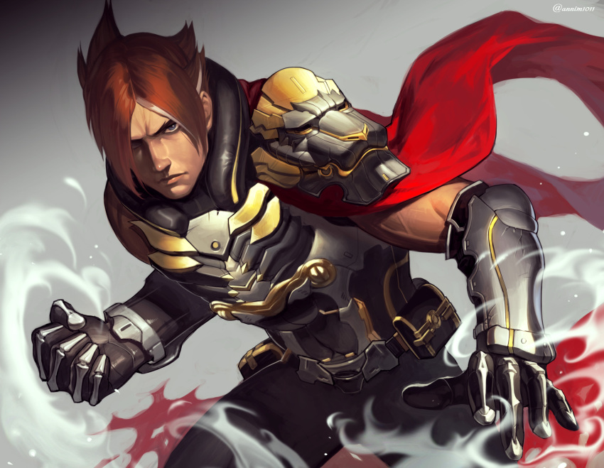 1boy an_kyoung armor bag black_pants brown_hair clenched_hand closed_mouth gauntlets grey_background grey_eyes highres lars_alexandersson light_particles looking_at_viewer male_focus multicolored_hair pants red_sash sash satchel short_hair smoke solo streaked_hair tekken twitter_username veins veiny_arms