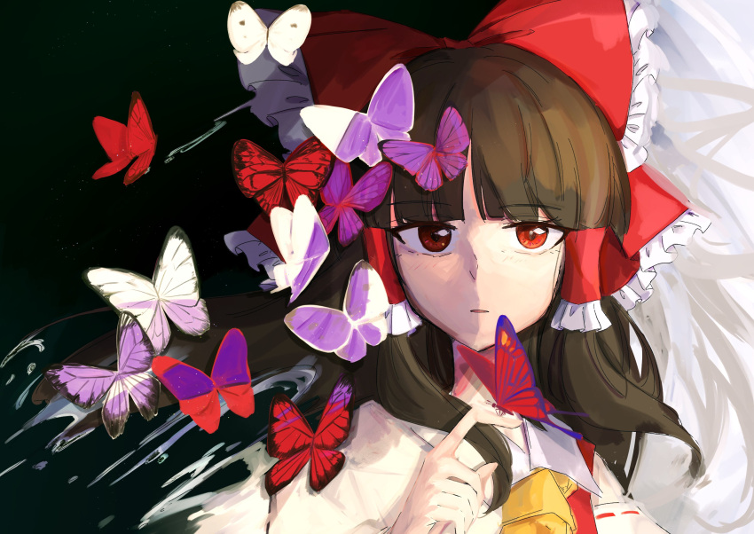 1girl ascot black_background blunt_bangs bow brown_hair bug butterfly butterfly_on_hand detached_sleeves expressionless frilled_bow frilled_hair_tubes frills hair_bow hair_tubes hakurei_reimu highres index_finger_raised long_hair looking_at_viewer parted_lips purple_butterfly red_bow red_butterfly red_eyes red_ribbon ribbon ribbon-trimmed_sleeves ribbon_trim shirt sidelocks solo touhou upper_body uzumibi white_butterfly white_shirt yellow_ascot
