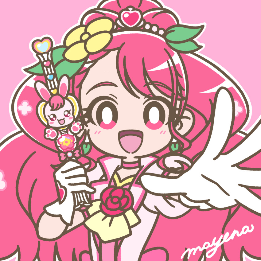 1girl blush bright_pupils choker cure_grace earrings eyelashes flower gloves hair_flower hair_ornament hanadera_nodoka healin'_good_precure healing_animal healing_wand heart heart_wand highres jewelry long_hair looking_at_viewer magical_girl mayena open_mouth outline outstretched_arm pink_background pink_choker pink_eyes precure signature simple_background smile solo upper_body white_gloves white_outline white_pupils