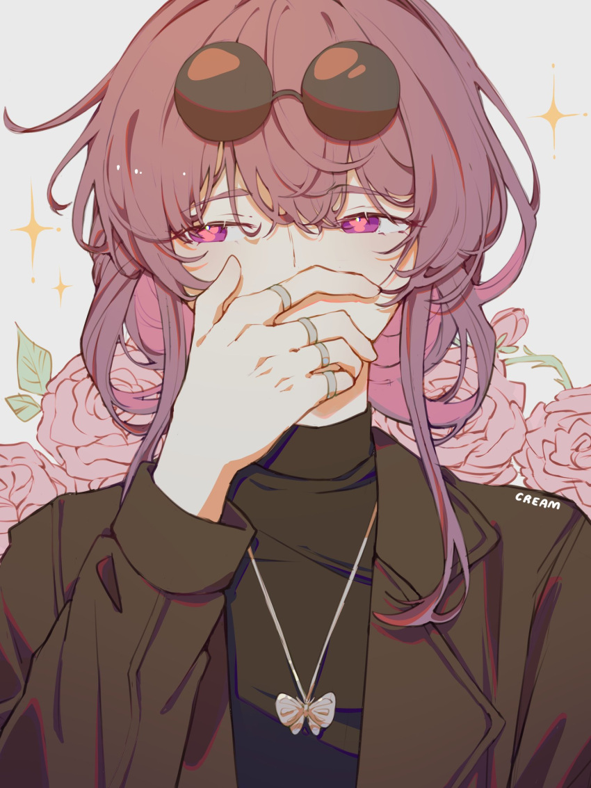 1girl black_jacket black_shirt butterfly_necklace covering_own_mouth eyewear_on_head flower-shaped_pupils hand_over_own_mouth highres honkai:_star_rail honkai_(series) jacket jewelry kafka_(honkai:_star_rail) multiple_rings purple_hair ring round_eyewear shirt solo soufflebune sunglasses symbol-shaped_pupils violet_eyes