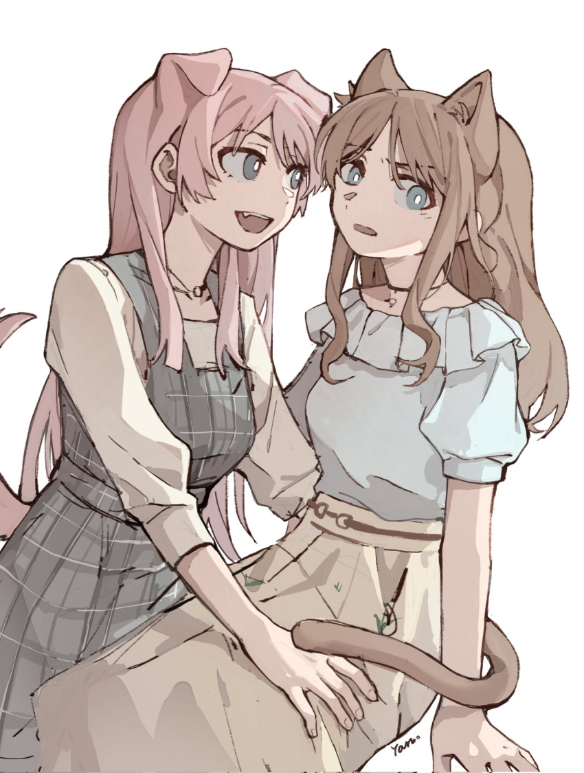 2girls animal_ears bang_dream! bang_dream!_it's_mygo!!!!! black_choker blue_eyes blue_shirt blush bright_pupils brown_hair brown_skirt cat_ears cat_girl cat_tail chihaya_anon chinese_commentary choker commentary_request dog_ears dog_girl dog_tail dress fang grey_dress hand_on_another's_thigh highres jewelry long_hair long_sleeves looking_at_another multiple_girls nagasaki_soyo necklace open_mouth parted_lips pink_hair shirt shirt_tucked_in short_sleeves simple_background skirt tail white_background white_pupils white_shirt yanlingjinshilihuahua yuri