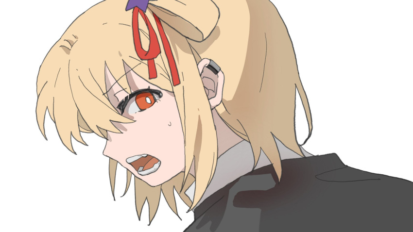1girl black_jacket blonde_hair bright_pupils chinese_commentary collared_shirt commentary_request grey_skirt hair_ribbon highres jacket long_sleeves looking_at_viewer lycoris_recoil medium_hair nishikigi_chisato one_side_up open_mouth orange_eyes pleated_skirt portrait red_ribbon ribbon school_uniform shirt skirt solo sweatdrop white_pupils white_shirt yanlingjinshilihuahua