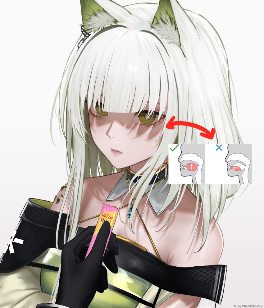 1girl anatomy animal_ear_fluff animal_ears arknights arrow_(symbol) black_gloves bright_pupils cat_ears closed_mouth commentary expressionless gloves green_eyes highres holding kal'tsit_(arknights) looking_at_viewer medium_hair meme mewing_(meme) oripathy_lesion_(arknights) out_of_frame pov simple_background solo_focus symbol-only_commentary thehprm white_background white_pupils