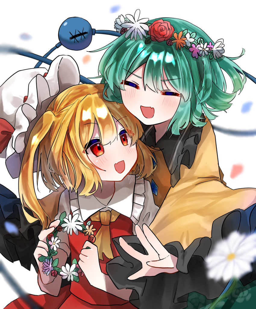 2girls :d ^_^ ascot blonde_hair blurry blush closed_eyes commentary depth_of_field double-parted_bangs fang flandre_scarlet flower flower_wreath frilled_shirt_collar frilled_sleeves frills green_hair hair_between_eyes happy hat head_wreath highres holding holding_wreath hug hug_from_behind izumi_no_yasushi_aya komeiji_koishi long_sleeves looking_at_another medium_hair mob_cap multiple_girls one_side_up open_mouth pink_flower red_eyes red_flower red_rose red_skirt red_vest rose shirt simple_background skin_fang skirt smile third_eye touhou trait_connection v-shaped_eyebrows vest white_background white_flower white_headwear white_shirt wide_sleeves yellow_ascot yellow_shirt