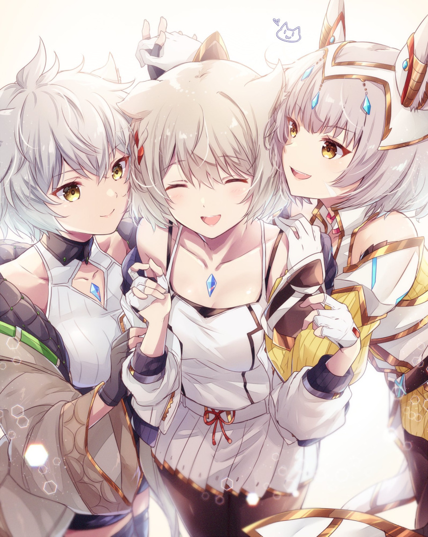 animal_ears breasts camisole cat_ears chest_jewel core_crystal_(xenoblade) gloves grey_hair highres mio_(xenoblade) multiple_girls na'el_(xenoblade) nia_(blade)_(xenoblade) nia_(xenoblade) open_mouth short_hair simple_background small_breasts smile ui_frara white_gloves xenoblade_chronicles_(series) xenoblade_chronicles_3 xenoblade_chronicles_3:_future_redeemed yellow_eyes