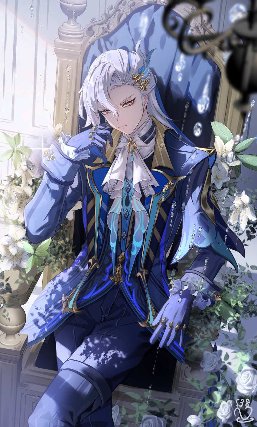 1boy absurdres ascot asymmetrical_bangs blue_coat blue_eyeshadow blue_gloves blue_hair blue_pants blurry blurry_foreground brooch buttons chair chandelier closed_mouth coat commentary_request crossed_legs eyelashes eyeshadow flower frilled_sleeves frills genshin_impact glint gloves gold_trim hair_between_eyes hair_ornament hand_up head_rest highres indoors jewelry komiya_latte lapels leaf lily_(flower) long_hair long_sleeves looking_at_viewer makeup male_focus multicolored_hair neuvillette_(genshin_impact) on_chair pants parted_bangs plant pointy_ears rose serious sitting sleeve_cuffs solo streaked_hair violet_eyes white_ascot white_flower white_hair white_rose