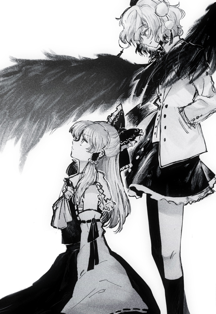 alternate_hairstyle ascot behind_another bow buttons closed_mouth detached_sleeves feathered_wings frilled_bow frilled_hair_tubes frilled_shirt_collar frills greyscale hair_bow hair_tubes hakurei_reimu hands_in_pockets hat highres jacket korean_commentary light_smile long_hair looking_at_another monochrome pom_pom_(clothes) profile ribbon-trimmed_sleeves ribbon_trim seiza shameimaru_aya short_hair sidelocks simple_background sitting skirt spread_wings standing stardustreverle tassel tokin_hat touhou vest wide_sleeves wings