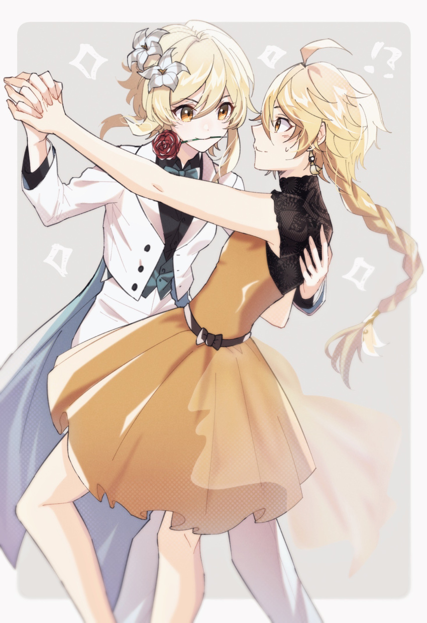 !? 1boy 1girl aether_(genshin_impact) ahoge arm_up black_dress black_shirt blonde_hair blue_bow blue_bowtie blue_vest blush border bow bowtie braid brother_and_sister brown_bow buttons closed_mouth collared_jacket collared_shirt commentary_request crossdressing dress earrings fingernails flower genshin_impact grey_background hair_between_eyes hair_flower hair_ornament hair_ribbon hand_up highres holding holding_hands jacket jewelry long_hair long_sleeves lumine_(genshin_impact) mizuamememe open_clothes open_jacket orange_dress outside_border pants red_flower red_rose ribbon rose shirt short_hair short_hair_with_long_locks short_sleeves siblings sidelocks simple_background single_earring smile sparkle standing suit sweatdrop two-tone_dress vest white_border white_flower white_jacket white_pants white_ribbon yellow_eyes