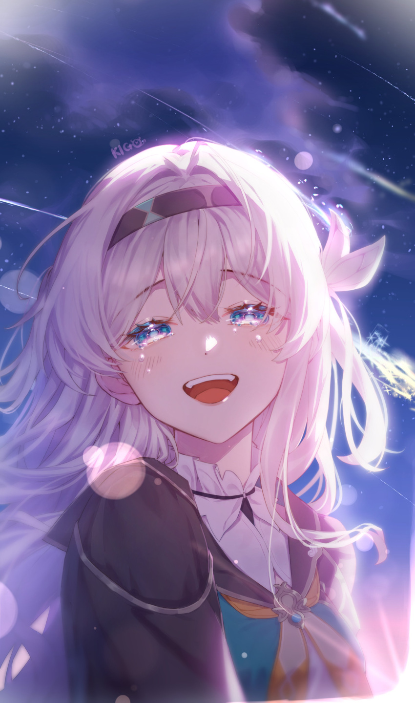 1girl absurdres artist_name black_hairband black_jacket blue_eyes blue_sky blush clouds cloudy_sky cropped_jacket crying crying_with_eyes_open dress edogawa_kigoro firefly_(honkai:_star_rail) grey_hair hair_between_eyes hair_ornament hairband highres honkai:_star_rail honkai_(series) jacket leaf_hair_ornament long_hair long_sleeves looking_at_viewer neckerchief night night_sky open_mouth orange_neckerchief outdoors sailor_collar sky smile solo standing star_(sky) starry_sky tears teeth tongue white_dress