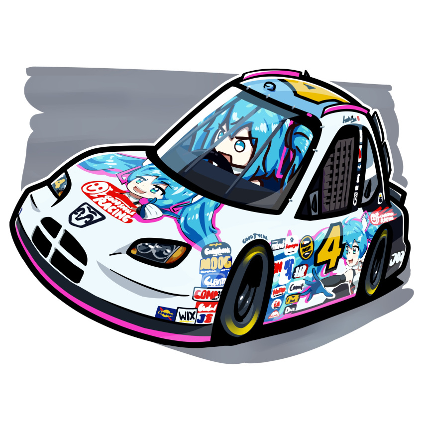 1girl absurdres blue_eyes blue_gloves blue_hair car chibi dodge_(company) dodge_charger driving duz elbow_gloves english_commentary gloves goodsmile_racing goodyear hatsune_miku highres itasha long_hair motor_vehicle nascar open_mouth race_vehicle racecar racing_miku racing_miku_(2021) solo v-shaped_eyebrows vehicle_focus vocaloid white_background