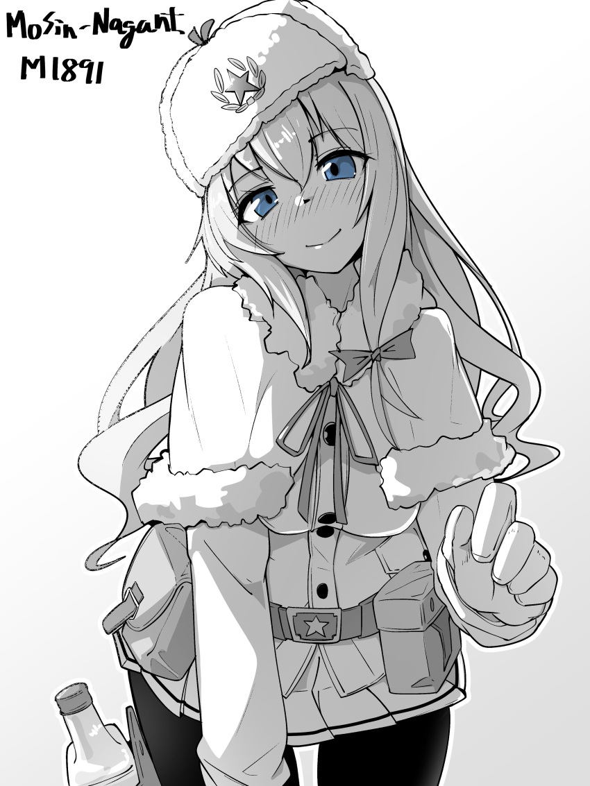 1girl absurdres belt blue_eyes blush bottle character_name cowboy_shot fur_hat girls_frontline greyscale hat highres long_hair looking_at_viewer minami_shin_(zenshuu_bougyo) monochrome mosin-nagant_(girls'_frontline) pantyhose pleated_skirt pouch simple_background skirt smile solo spot_color star_(symbol) straight-on ushanka