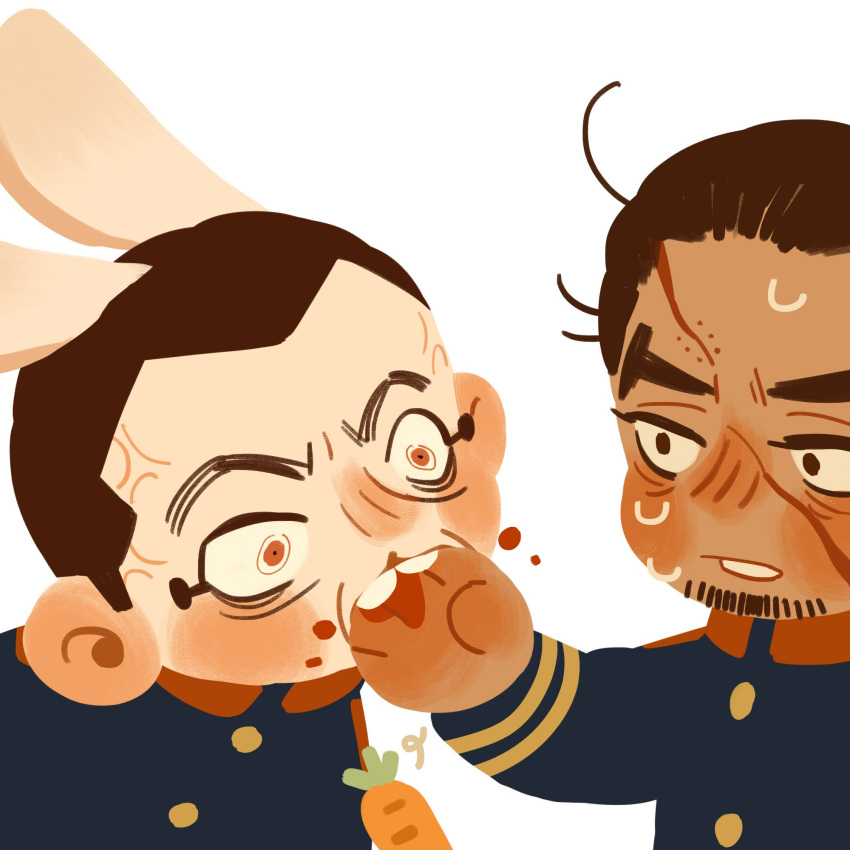 2boys animal_ears biting biting_another's_hand blood blue_jacket bright_pupils brown_eyes brown_hair carrot chengongzi123 closed_mouth constricted_pupils dark-skinned_male dark_skin deformed facial_hair goatee_stubble golden_kamuy hand_up highres holding holding_carrot jacket kemonomimi_mode long_sleeves looking_at_another male_focus military_uniform multiple_boys orange_eyes rabbit_ears raised_eyebrows rikimatsu_ariko scar scar_on_face short_hair simple_background stubble sweat thick_eyebrows trembling uniform upper_body usami_tokishige veins very_short_hair white_background