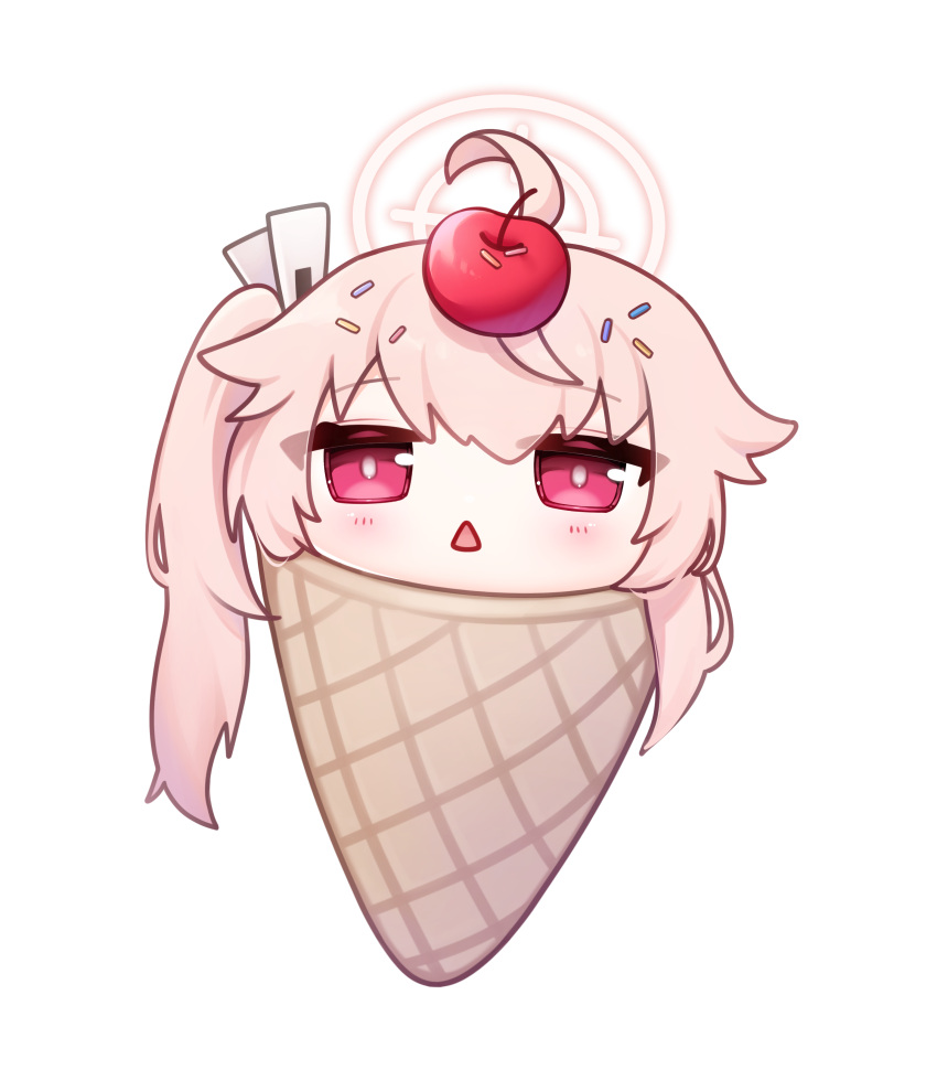 1girl absurdres blue_archive blush cherry food food_on_head fruit fruit_on_head halo highres ice_cream_cone long_hair looking_at_viewer mang natsu_(blue_archive) object_on_head open_mouth pink_hair pink_halo red_eyes side_ponytail simple_background solo white_background