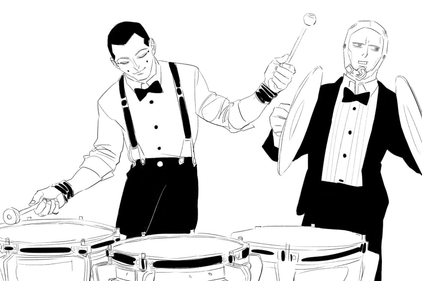 2boys bow bowtie character_request chengongzi123 closed_eyes closed_mouth coat collared_shirt cymbals drum golden_kamuy greyscale hand_up hands_up highres instrument long_sleeves male_focus monochrome multiple_boys music pants playing_instrument shirt short_hair simple_background smile standing striped_clothes striped_shirt suspenders upper_body usami_tokishige very_short_hair white_background