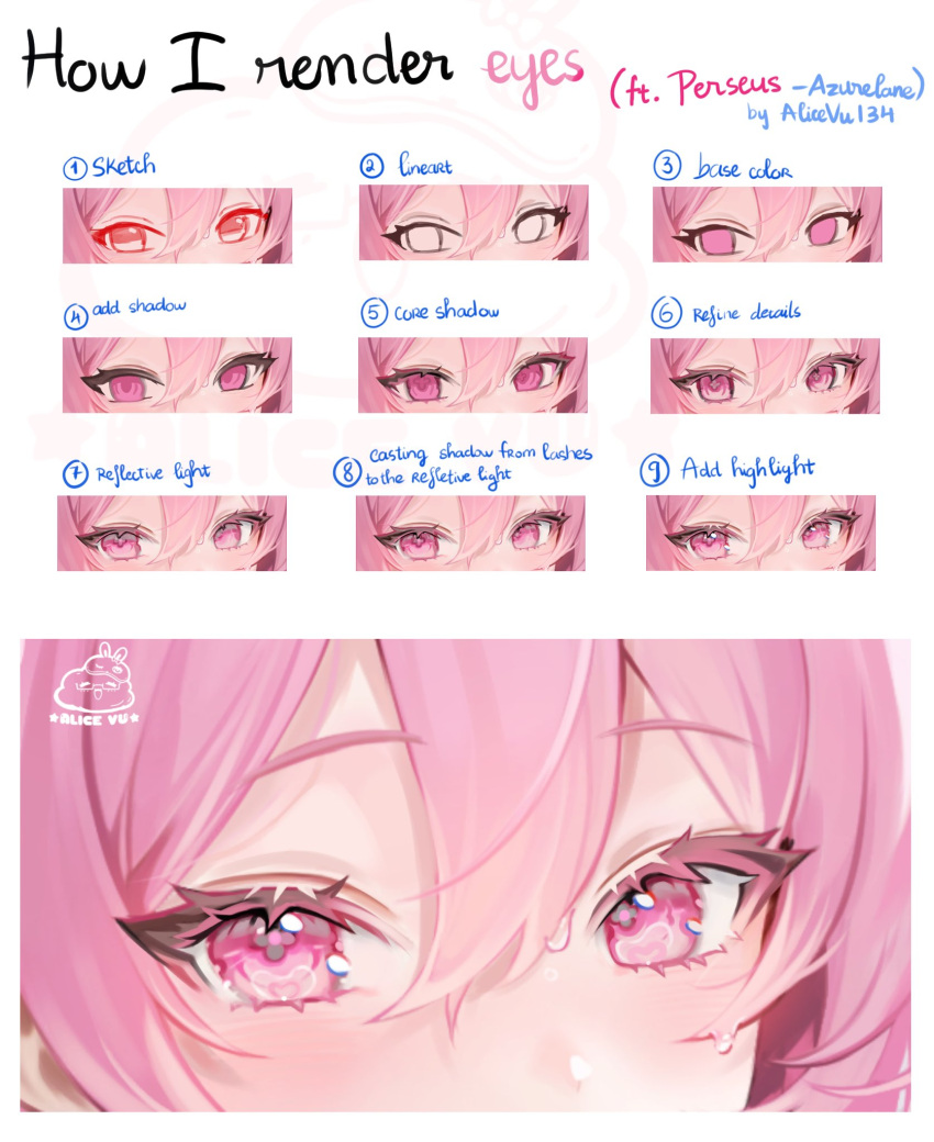 1girl alice_vu artist_name azur_lane blush english_commentary english_text hair_between_eyes heart heart-shaped_pupils highres how_to looking_at_viewer making-of perseus_(azur_lane) pink_eyes pink_hair signature simple_background solo symbol-shaped_pupils