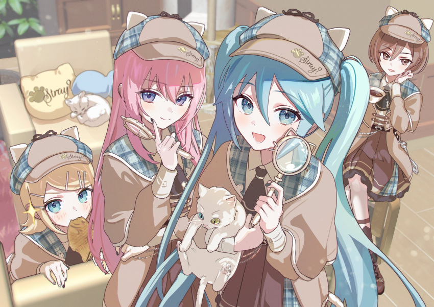 4girls animal animal_ear_headwear animal_ears animal_hat aqua_eyes aqua_hair black_necktie blonde_hair blue_eyes blurry blurry_background blush bob_cut boots brown_capelet brown_coat brown_eyes brown_hair brown_headwear capelet cat cat_ears cat_hat cat_tail closed_mouth coat collared_shirt couch cross-laced_footwear crossed_legs cup deerstalker detective dot_nose eyelashes fake_animal_ears food from_above gloves hair_between_eyes hair_ornament hairclip hat hatsune_miku heterochromia highres holding holding_animal holding_cat holding_cup holding_magnifying_glass indoors kagamine_rin lace-up_boots long_bangs long_hair long_sleeves looking_at_viewer magnifying_glass megurine_luka meiko_(vocaloid) mouth_hold multiple_girls nail_polish necktie open_mouth parted_bangs pillow pink_hair plaid_capelet plant pleated_skirt potted_plant project_sekai ribbon shirt short_hair sidelocks skirt smile tail taiyaki teacup twintails very_long_hair violet_eyes vocaloid vs0mr wagashi whiskers white_cat