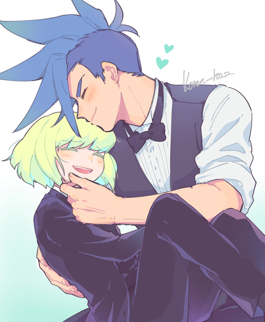2boys androgynous artist_name blue_hair blush bow bowtie carrying closed_eyes commentary_request galo_thymos gradient_background green_background green_hair hand_on_another's_cheek hand_on_another's_face hand_on_another's_head heart highres holding kome_1022 lio_fotia male_focus mohawk multiple_boys open_mouth promare simple_background sleeves_pushed_up smile spiky_hair suit white_background