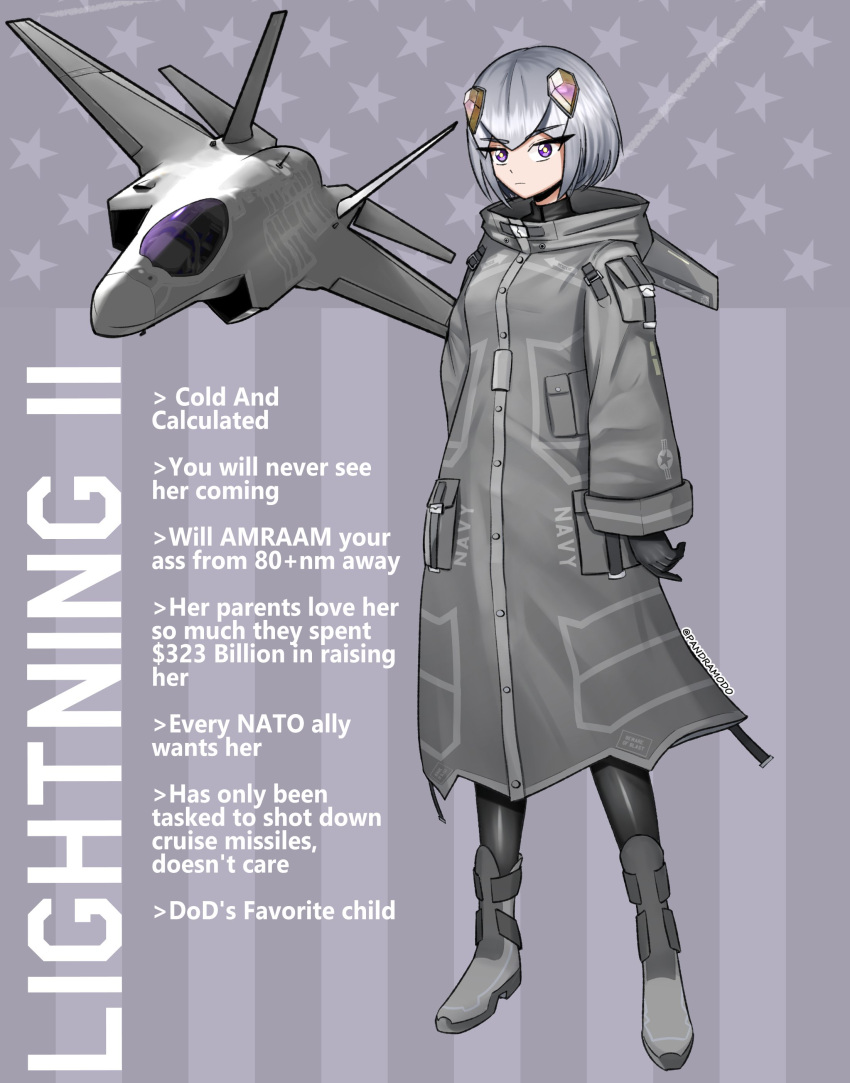 1girl absurdres aircraft artist_name black_gloves closed_mouth english_text expressionless f-35_lightning_ii full_body gloves grey_hair headgear highres hood hood_down long_sleeves looking_at_viewer mecha_musume military_vehicle original pandramodo short_hair solo standing twitter_username violet_eyes