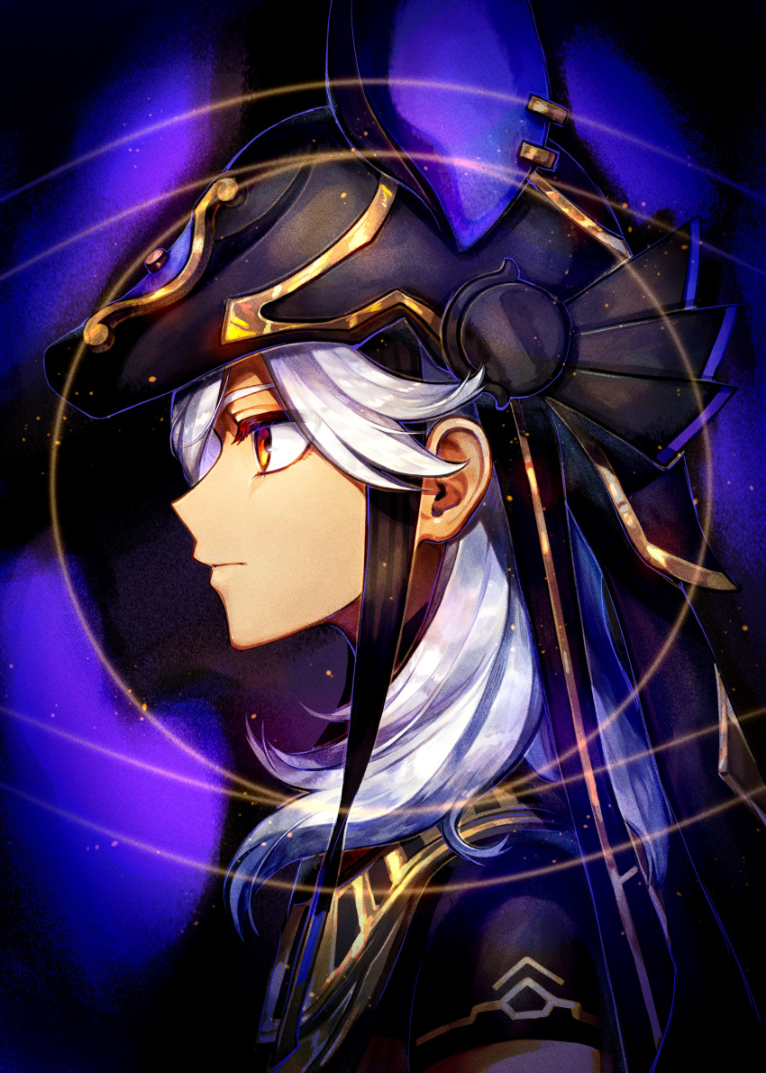 1boy absurdres animal_ears animal_hat black_background black_choker black_headwear black_ribbon black_shirt choker closed_mouth commentary_request cyno_(genshin_impact) expressionless fake_animal_ears genshin_impact gold_trim hair_over_shoulder hat hat_ribbon highres jackal_ears kam_om3 light_particles long_hair male_focus parted_bangs profile purple_background red_eyes ribbon shirt short_sleeves sidelocks simple_background solo swept_bangs upper_body usekh_collar white_hair