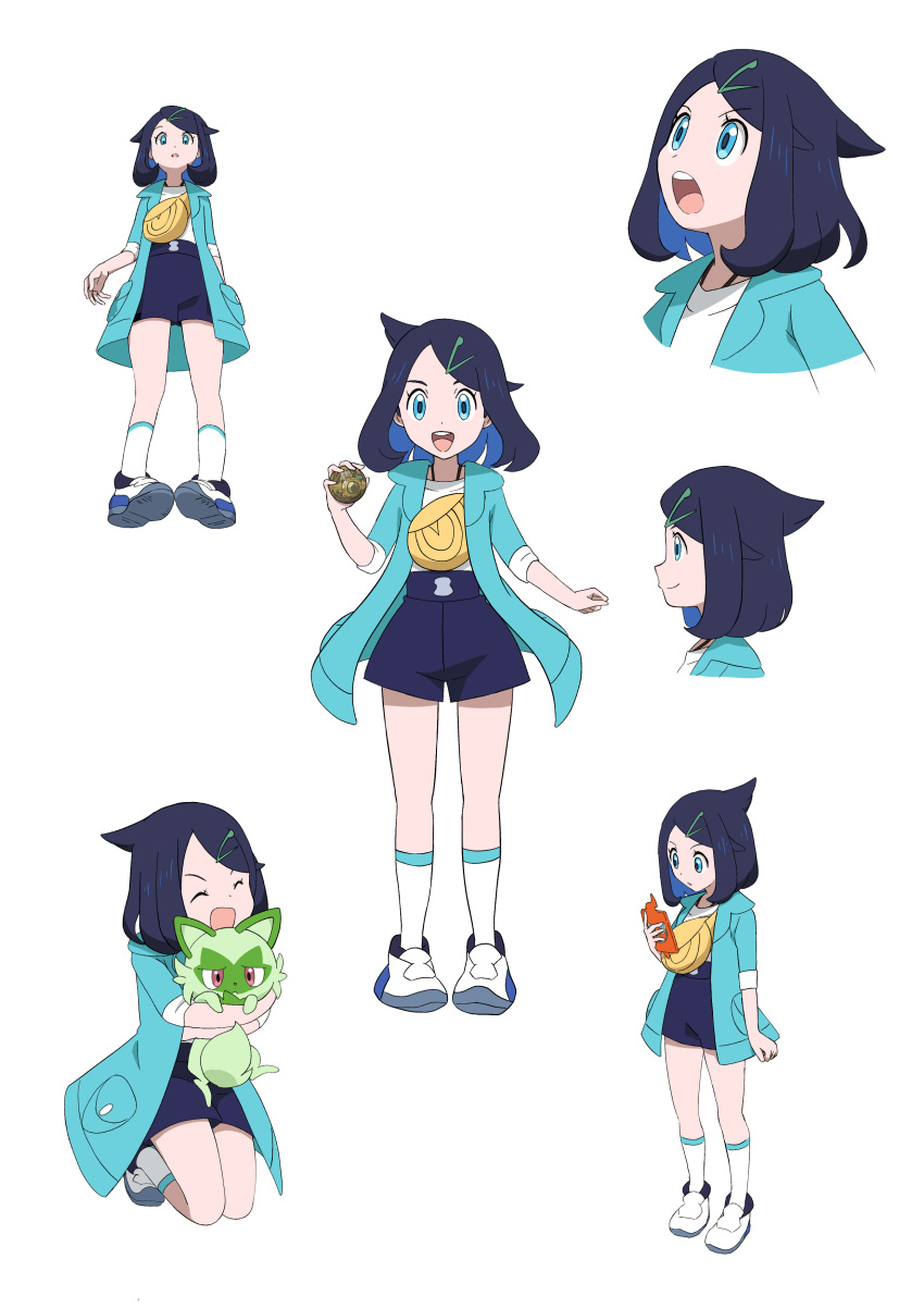 1girl :d absurdres black_hair black_shorts coat colored_inner_hair commentary_request cowlick green_coat hair_ornament hairclip highres holding holding_poke_ball holding_pokemon liko_(pokemon) marie_(marie_cookie222) medium_hair multicolored_hair multiple_views open_clothes open_coat open_mouth poke_ball pokemon pokemon_(anime) pokemon_(creature) pokemon_horizons rotom rotom_phone shirt shoes shorts smile socks sprigatito standing white_footwear white_shirt white_socks yellow_bag