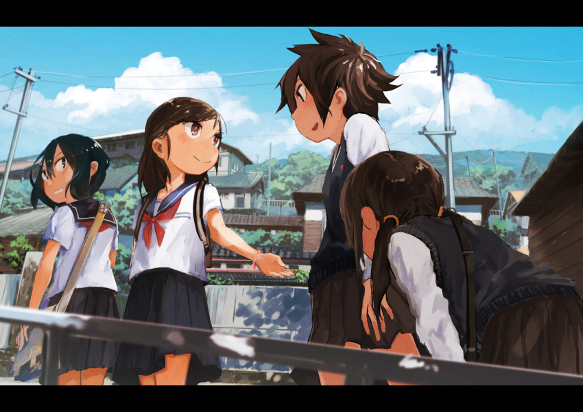 4girls backpack bag bent_over black_eyes black_hair black_skirt blue_sailor_collar blue_skirt blue_sky blue_sweater_vest blurry bracelet brown_hair building closed_mouth clouds commentary_request dappled_sunlight day depth_of_field film_grain hair_between_eyes hair_ornament hairclip inami_hatoko jewelry letterboxed long_sleeves looking_at_another low_twintails messy_hair multiple_girls neckerchief open_mouth original outdoors pleated_skirt power_lines red_neckerchief sailor_collar school_bag school_uniform serafuku shirt short_hair short_sleeves shoulder_bag sidelocks skirt sky smile sunlight sweater_vest twintails utility_pole white_shirt