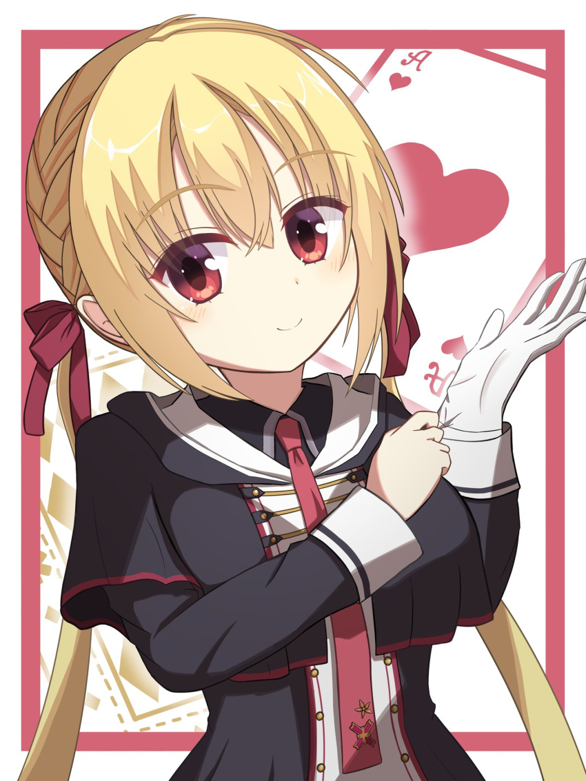 1girl ace_(playing_card) ace_of_hearts adjusting_clothes adjusting_gloves arihara_nanami black_capelet black_shirt blonde_hair blush braid capelet card closed_mouth colored_eyelashes commentary crossed_bangs eyes_visible_through_hair gloves hair_between_eyes hair_ribbon hands_up heart highres hood hood_down long_hair long_sleeves looking_at_viewer low_twintails mako_mako necktie no_headwear playing_card red_eyes red_necktie red_ribbon ribbon riddle_joker shirt side_braid simple_background single_glove smile solo split_mouth straight_hair tsurime twintails upper_body very_long_hair white_background white_gloves