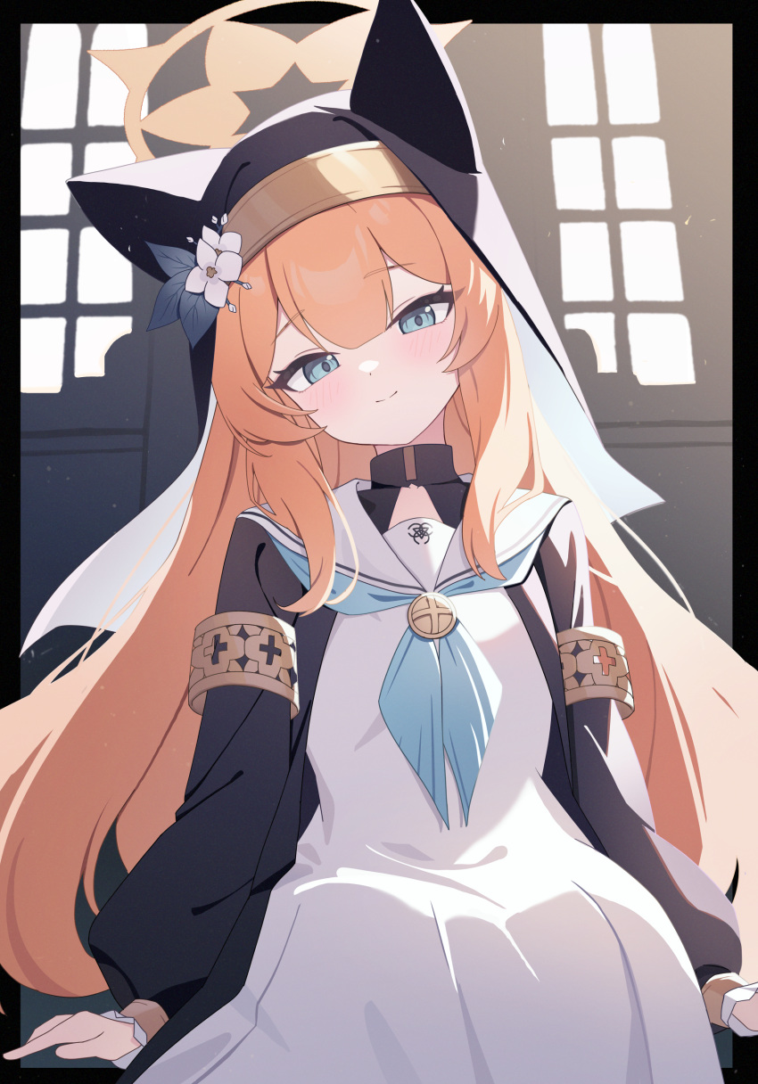 1girl absurdres animal_ear_headwear blue_archive blue_eyes closed_mouth flower halo highres long_hair long_sleeves looking_at_viewer mari_(blue_archive) nonddu nun orange_hair smile solo white_flower yellow_halo