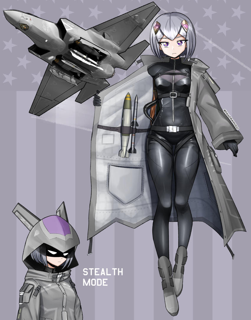 1girl absurdres aircraft artist_name belt black_bodysuit black_gloves bodysuit bomb closed_mouth english_text explosive expressionless f-35_lightning_ii full_body gloves grey_hair headgear highres hood hood_up long_sleeves looking_at_viewer mecha_musume military military_vehicle multiple_views original pandramodo rocket short_hair solo standing twitter_username upper_body violet_eyes