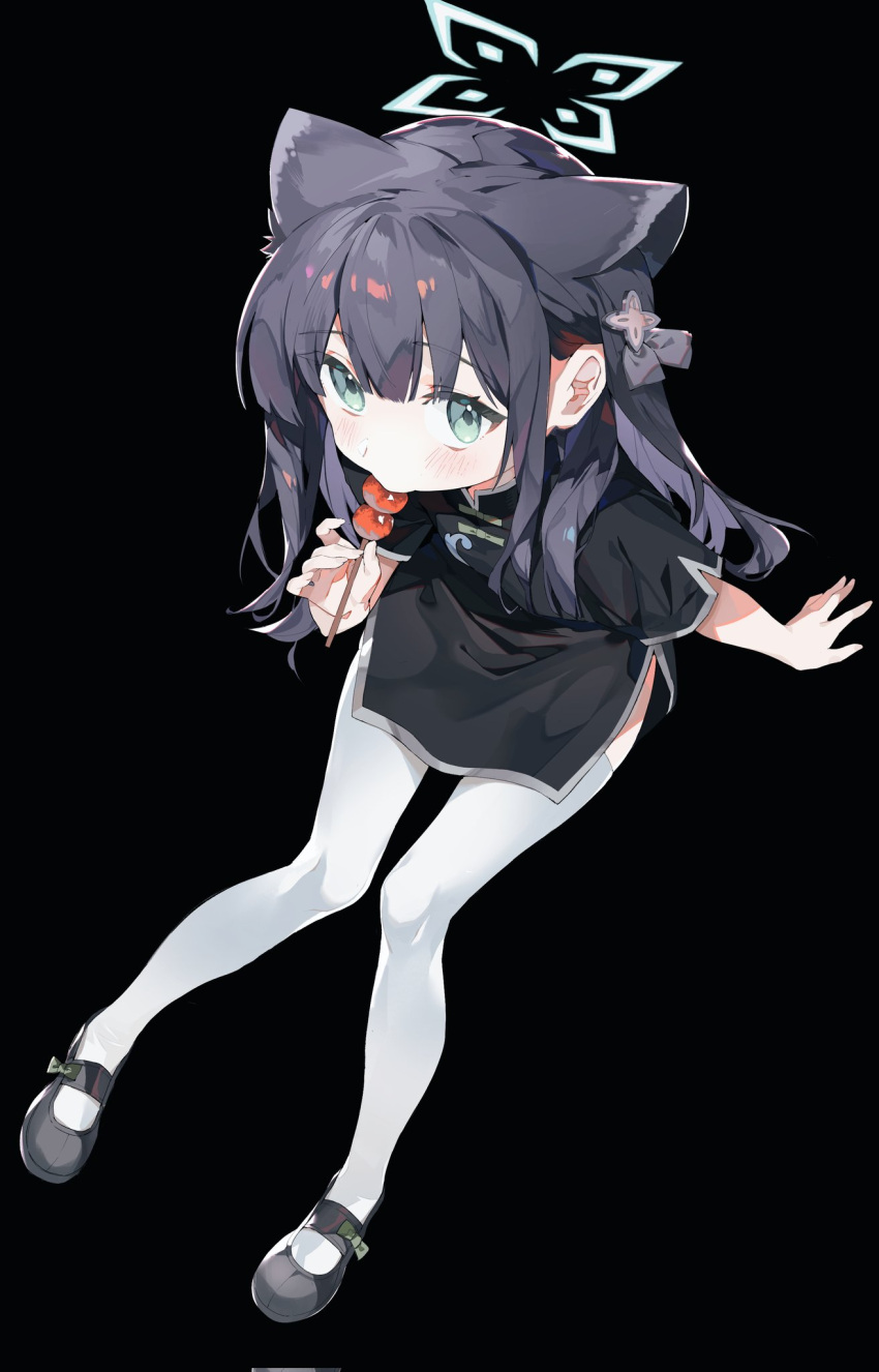 1girl animal_ears b_zhan_cm_yang black_background black_dress black_footwear black_hair blue_archive child commentary dango dress extra_ears food full_body green_eyes green_halo halo highres holding holding_food holding_skewer looking_at_viewer mary_janes shoes short_sleeves shun_(blue_archive) shun_(small)_(blue_archive) simple_background skewer solo thigh-highs tiger_ears tiger_girl wagashi white_thighhighs