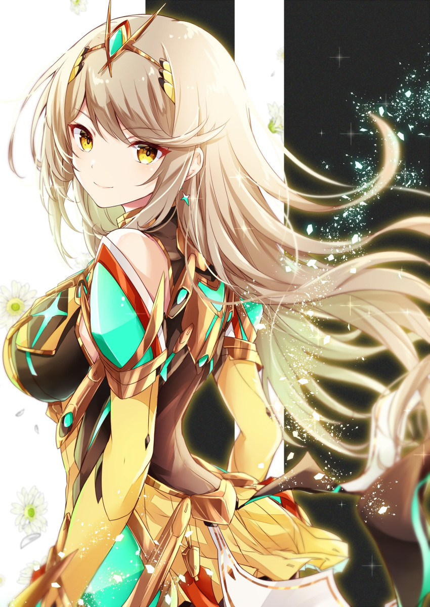 1girl bare_shoulders black_bodysuit blonde_hair bodysuit breasts commentary_request dress earrings floating_hair highres jewelry long_hair looking_at_viewer medium_breasts mythra_(xenoblade) official_alternate_color solo super_smash_bros. swept_bangs tiara ui_frara very_long_hair xenoblade_chronicles_(series) xenoblade_chronicles_2 yellow_dress