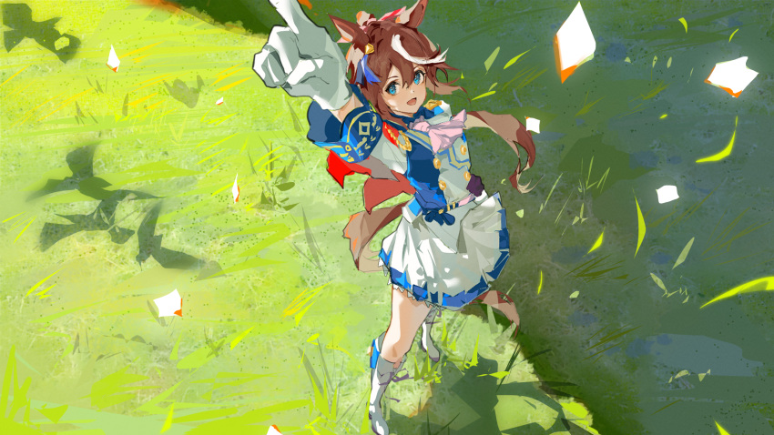 1girl animal_ears arm_up ascot asymmetrical_gloves black_gloves blue_eyes blue_jacket blue_skirt boots bow brown_hair buttons cape clenched_hand commentary_request double-breasted ear_ornament epaulettes full_body gloves grass hair_between_eyes hand_on_own_hip highres horse_ears horse_girl horse_tail index_finger_raised jacket long_hair long_sleeves looking_at_viewer mismatched_gloves multicolored_clothes multicolored_hair multicolored_jacket one_eye_closed outdoors pink_ascot pink_bow pleated_skirt pointing pointing_up ponytail red_cape rinne0611 signature single_epaulette skirt smile solo streaked_hair tail tokai_teio_(umamusume) two-tone_jacket two-tone_skirt umamusume white_gloves white_hair white_jacket white_skirt