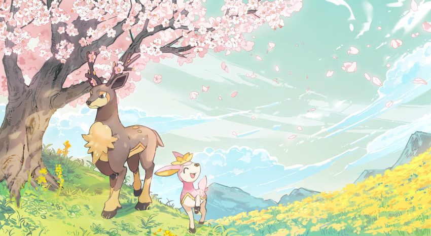 :d ^_^ absurdres aisutabetao animal_focus antlers blue_sky cherry_blossoms closed_eyes closed_mouth clouds commentary_request dark_skin deer deerling deerling_(spring) evolutionary_line highres horns mountain no_humans on_grass open_mouth pokemon pokemon_(creature) sawsbuck sawsbuck_(spring) sky smile tree walking