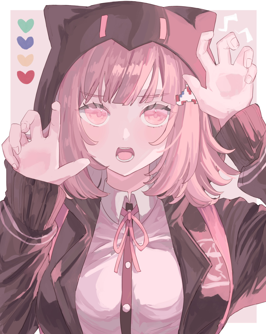 1girl :o absurdres black_shirt brown_jacket danganronpa_(series) danganronpa_2:_goodbye_despair dress_shirt galaga grey_shirt hair_ornament hands_up heart highres hood hood_up ibushi_(kuyuru_29) jacket long_sleeves medium_hair nanami_chiaki neck_ribbon open_clothes open_jacket pink_eyes pink_ribbon ribbon shirt solo teeth white_background