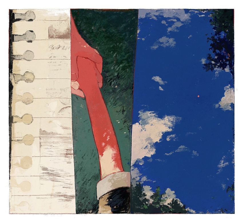 2others blue_sky border clouds collage commentary day grabbing_another's_hand hand_grab highres ka_(marukogedago) lined_paper multiple_others original out_of_frame outdoors short_sleeves sky tree white_border