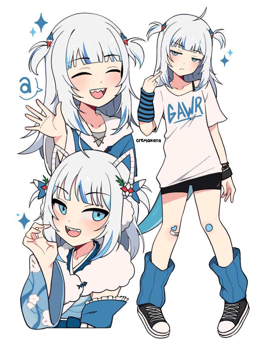 1girl a_(phrase) absurdres ahoge alternate_costume animal_ears arm_warmers bandaid black_shorts blue_eyes blue_hair blue_socks blunt_bangs blush bra_strap casual character_name closed_eyes collarbone contrapposto cremanata fake_animal_ears frown full_body fur_collar gawr_gura gawr_gura_(1st_costume) gawr_gura_(new_year) highres hololive hololive_english japanese_clothes jitome kimono loose_socks middle_finger multicolored_hair multiple_views open_mouth petite sharp_teeth shoes short_shorts shorts single_arm_warmer single_bare_shoulder smile sneakers socks speech_bubble streaked_hair teeth tsurime two_side_up virtual_youtuber waving white_background white_hair