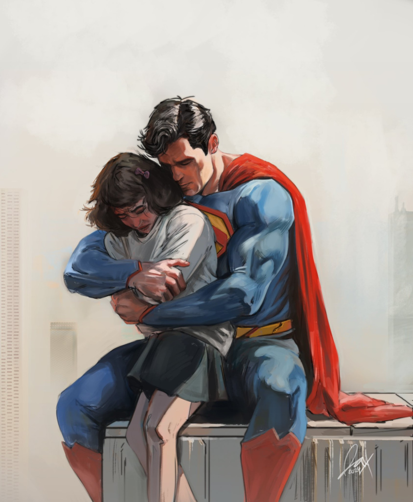 1boy 1girl blurry blurry_background bodysuit cape cityscape closed_eyes clouds cloudy_sky commentary crying dc_comics english_commentary full_body highres hug hug_from_behind imminent_suicide insignia jaxsonderr ledge muscular muscular_male red_cape scene_reference sitting skirt sky superhero superman superman_(series) western_comics_(style) worried