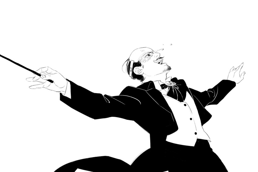 1boy baton_(conducting) black_coat chengongzi123 coat coattails collared_coat collared_shirt conductor facial_hair goatee golden_kamuy greyscale highres holding long_sleeves looking_up male_focus monochrome open_mouth outstretched_arms pants shirt short_hair simple_background solo standing tsurumi_tokushirou upper_body vest white_background