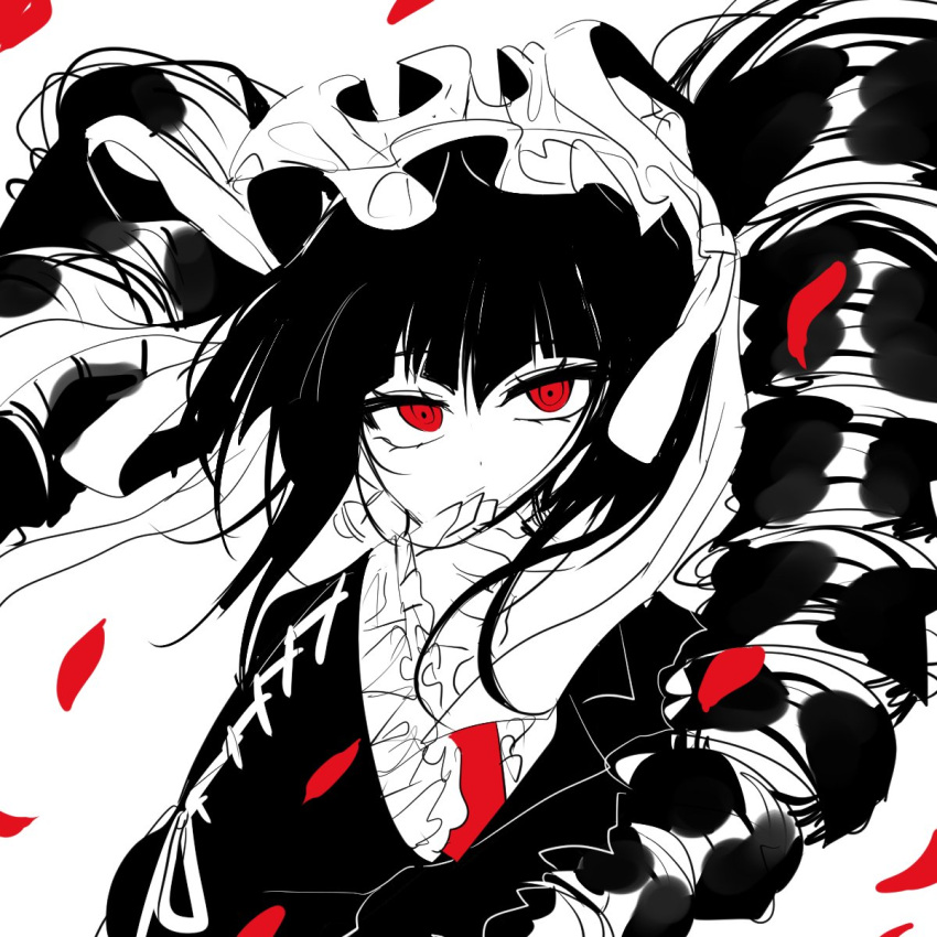 1girl black_hair black_jacket celestia_ludenberg danganronpa:_trigger_happy_havoc danganronpa_(series) drill_hair earrings frilled_jacket frills hand_up headdress highres jacket jewelry long_hair long_sleeves nail_polish necktie open_clothes open_jacket peppo_(2cleft_0109) petals red_eyes red_necktie solo twin_drills twintails upper_body