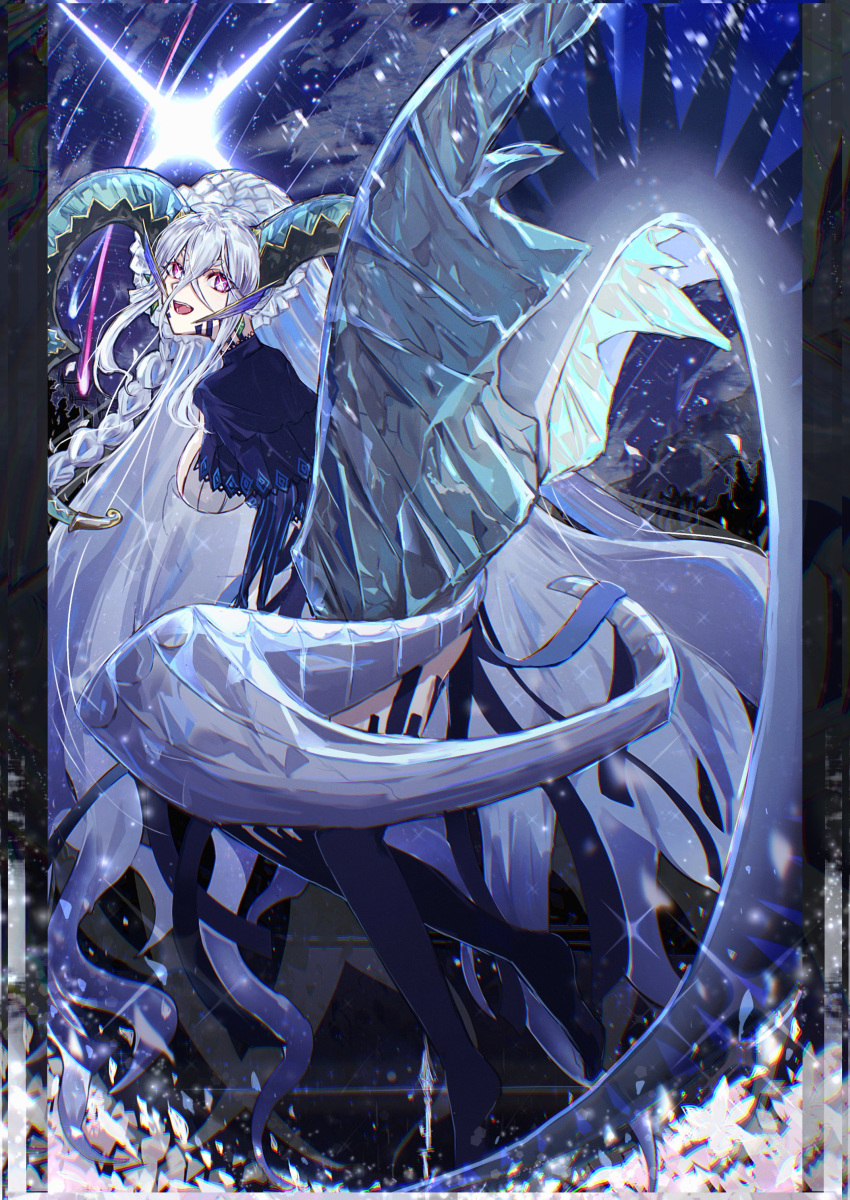 1girl absurdres anohito_(amaruno110) blue_hair blue_thighhighs braid breasts fate/grand_order fate_(series) highres horns large_breasts larva_tiamat_(fate) larva_tiamat_(third_ascension)_(fate) long_hair pink_eyes symbol-shaped_pupils tail thigh-highs tiamat_(fate) very_long_hair