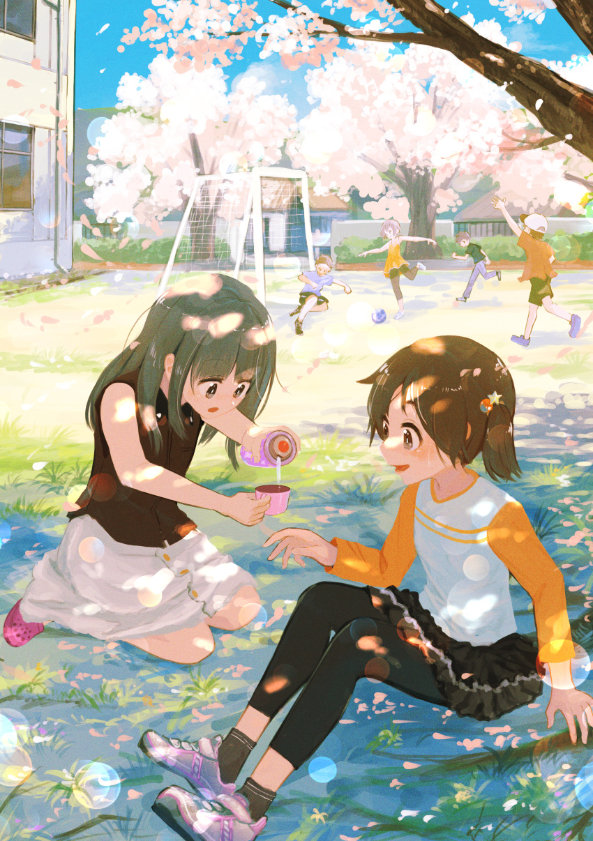 3girls absurdres ball baseball_cap black_pants black_shirt black_shorts black_skirt blurry blush bokeh brown_hair building cherry_blossoms commentary dappled_sunlight depth_of_field english_commentary falling_petals goal grass green_hair grey_hair grey_pants hat highres holding_thermos inami_hatoko long_hair multiple_girls on_ground open_mouth original outdoors pants pants_under_skirt petals pink_footwear pouring scenery seiza shirt short_hair short_twintails shorts sitting skirt sleeveless sleeveless_shirt soccer soccer_ball sunlight thermos tree twintails white_shirt white_skirt yoga_pants