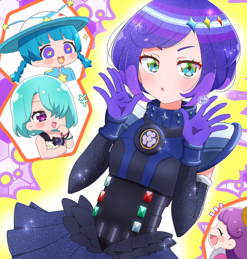 4girls :d bell black_dress blue_hair blunt_bangs bracelet braid character_request chibi chii_(chi_pppuri) cowbell cropped_torso dress elbow_gloves gem ginga_sadame gloves green_eyes hair_over_one_eye hands_up hat high_school!_kiratto_pri_chan highres hojo_cosmo jewelry kiratto_pri_chan long_hair looking_at_viewer multiple_girls open_hands open_mouth pretty_series pripara purple_gemstone purple_hair shido_mel short_hair smile solo_focus sparkle_hair_ornament star-shaped_pupils star_(symbol) swept_bangs symbol-shaped_pupils twin_braids violet_eyes