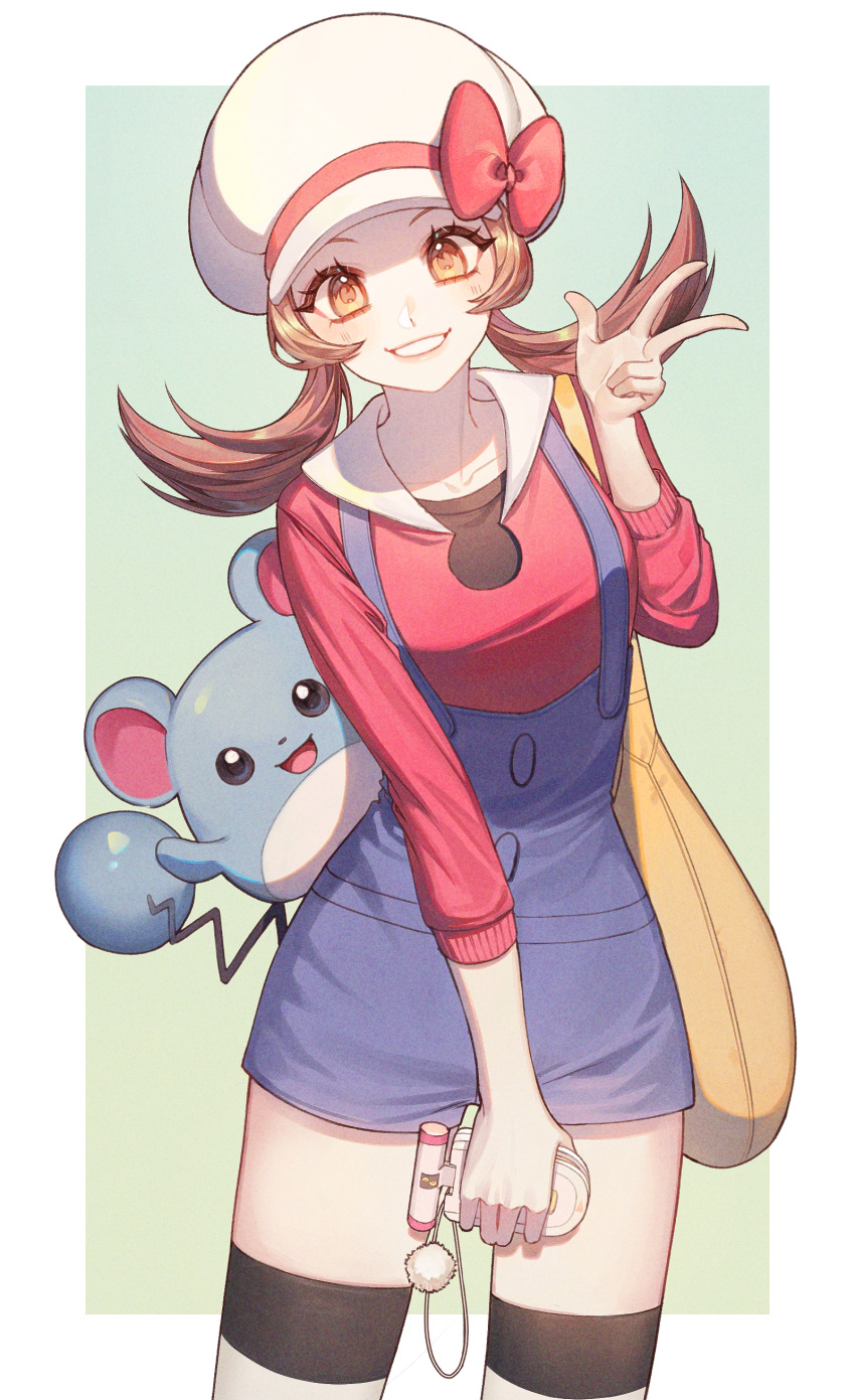 1girl absurdres blue_overalls border bow brown_hair commentary_request cowboy_shot eyelashes green_background grin hand_up happy hat hat_bow highres holding long_hair looking_at_viewer lyra_(pokemon) marill overalls pokegear pokemon pokemon_(creature) pokemon_hgss red_shirt shirt sleeves_past_elbows smile sueon00 teeth thigh-highs twintails w white_border white_headwear yellow_eyes