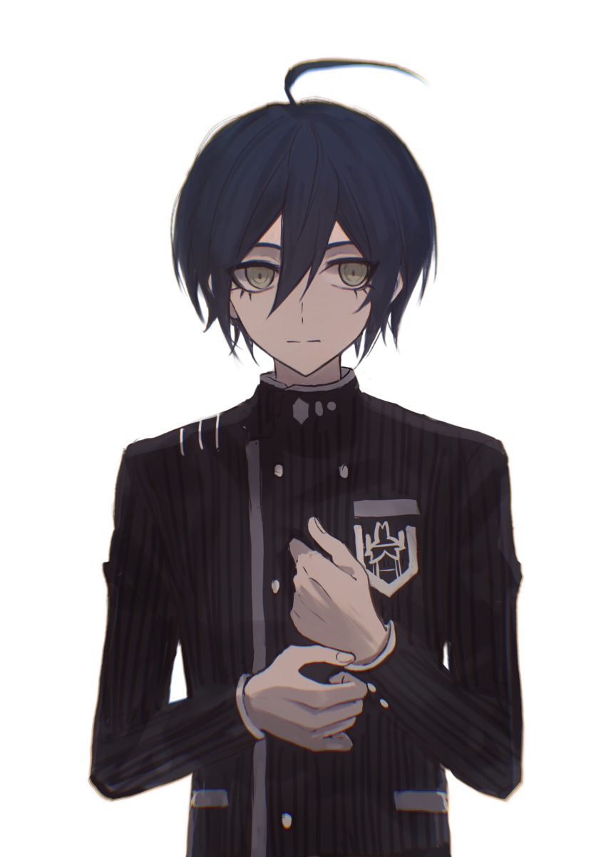 1boy absurdres ahoge black_hair breast_pocket brown_eyes buttons closed_mouth danganronpa_(series) danganronpa_v3:_killing_harmony double-breasted fu_ga_(vivi912912) hair_between_eyes highres jacket long_sleeves male_focus pocket saihara_shuichi simple_background solo striped_clothes striped_jacket upper_body white_background