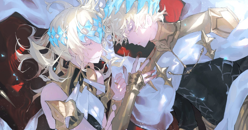 1boy 1girl armlet armor black_shirt blonde_hair brother_and_sister castor_(fate) closed_eyes collar diadem fate/grand_order fate_(series) highres lying medium_hair metal_collar on_back pollux_(fate) robe shirt shoulder_armor siblings sleeveless twins uda_(xax_057) white_robe
