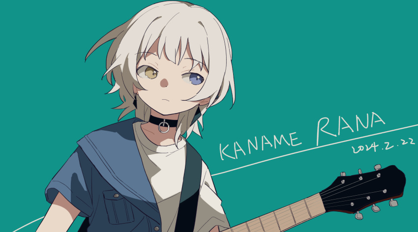 1girl bang_dream! bang_dream!_it's_mygo!!!!! black_choker blue_eyes blue_jacket character_name choker closed_mouth coldcat. collarbone commentary dated earrings heterochromia highres holding holding_instrument instrument jacket jewelry kaname_raana shirt short_hair short_sleeves solo symbol-only_commentary upper_body white_hair white_shirt yellow_eyes