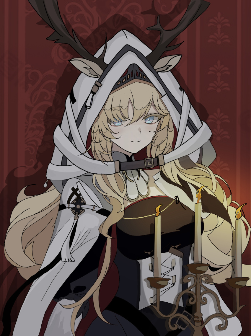 1girl animal_ears antlers antlers_through_headwear antlers_through_hood arknights blonde_hair blue_eyes blush bodystocking breasts candle candlestand cape cloak cowboy_shot deer_antlers deer_ears deer_girl dot_nose ears_through_headwear ears_through_hood fire hair_over_one_eye hat_on_antlers highres holding holding_candle hood hood_up horns large_breasts light_smile long_hair looking_at_viewer open_cloak open_clothes shadow sidelocks solo vier122 viviana_(arknights) wallpaper_(object) white_cape white_cloak white_hood