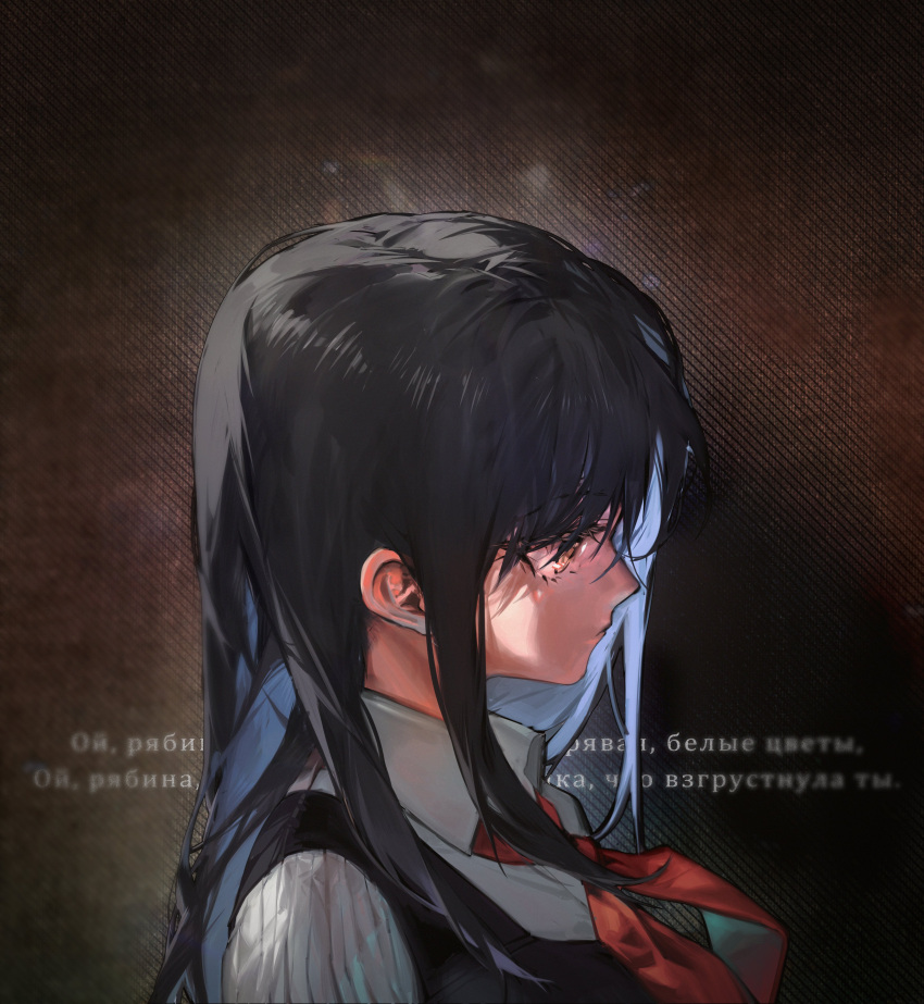 1girl absurdres aged_down angelia_(girls'_frontline) black_dress black_hair blueblossom collared_shirt dress from_side girls_frontline highres long_hair necktie portrait red_necktie russian_text shirt simple_background solo white_shirt yellow_eyes